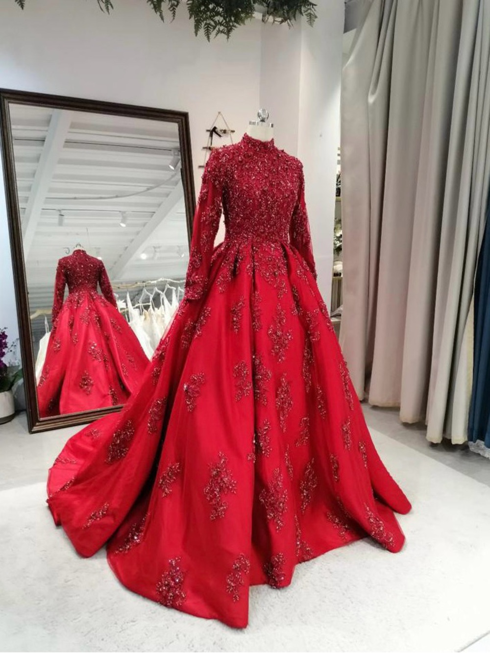 Luxurious Red Embellished Long-Sleeve Ball Gown Dress
